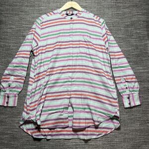 Lands' End Flannel Women's L (14-16) Gray Purple Striped Long Sleeve Button Oeko